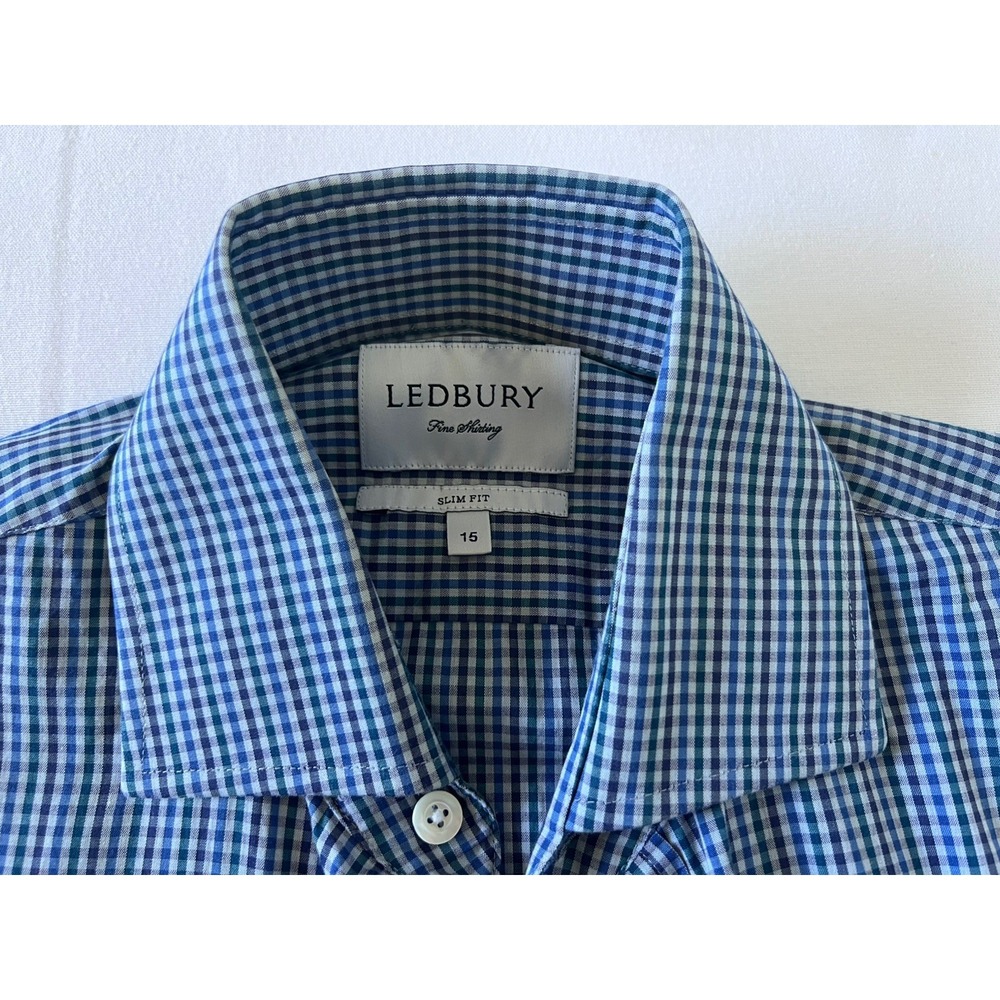 Ledbury Slim-Fit Blue Gingham Check Cotton Long Sleeve Collared Shirt Size 15 - Picture 3 of 8
